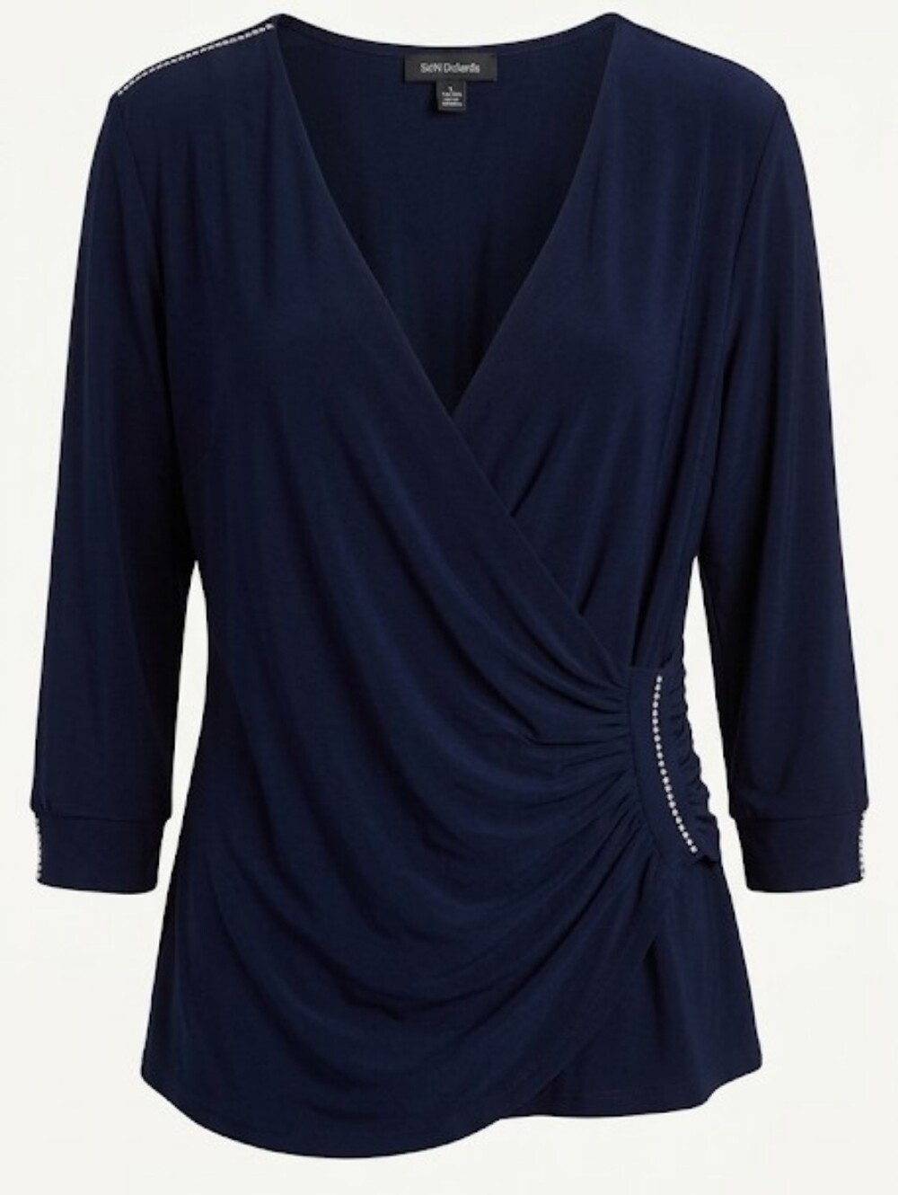 R&M Richards Deep Blue Draped Women's Rhinestone Embellished Top